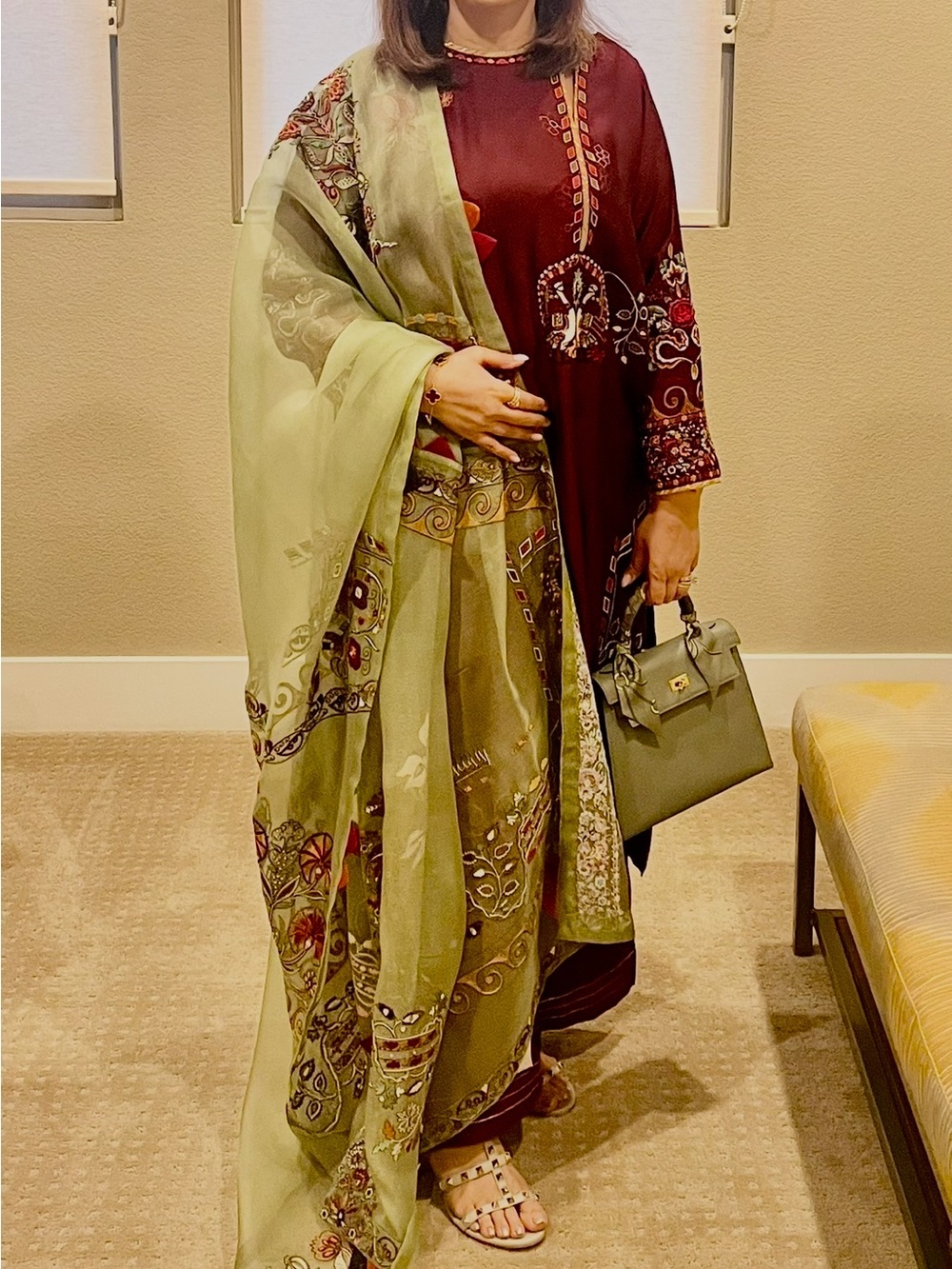 Elegant Women's Long Sleeve Dress with Coordinating Olive Shawl
